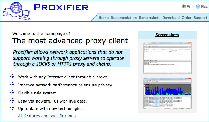 Home page of website Proxifier