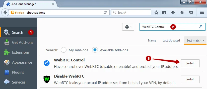 Install plugin WebRTC Control in Firefox