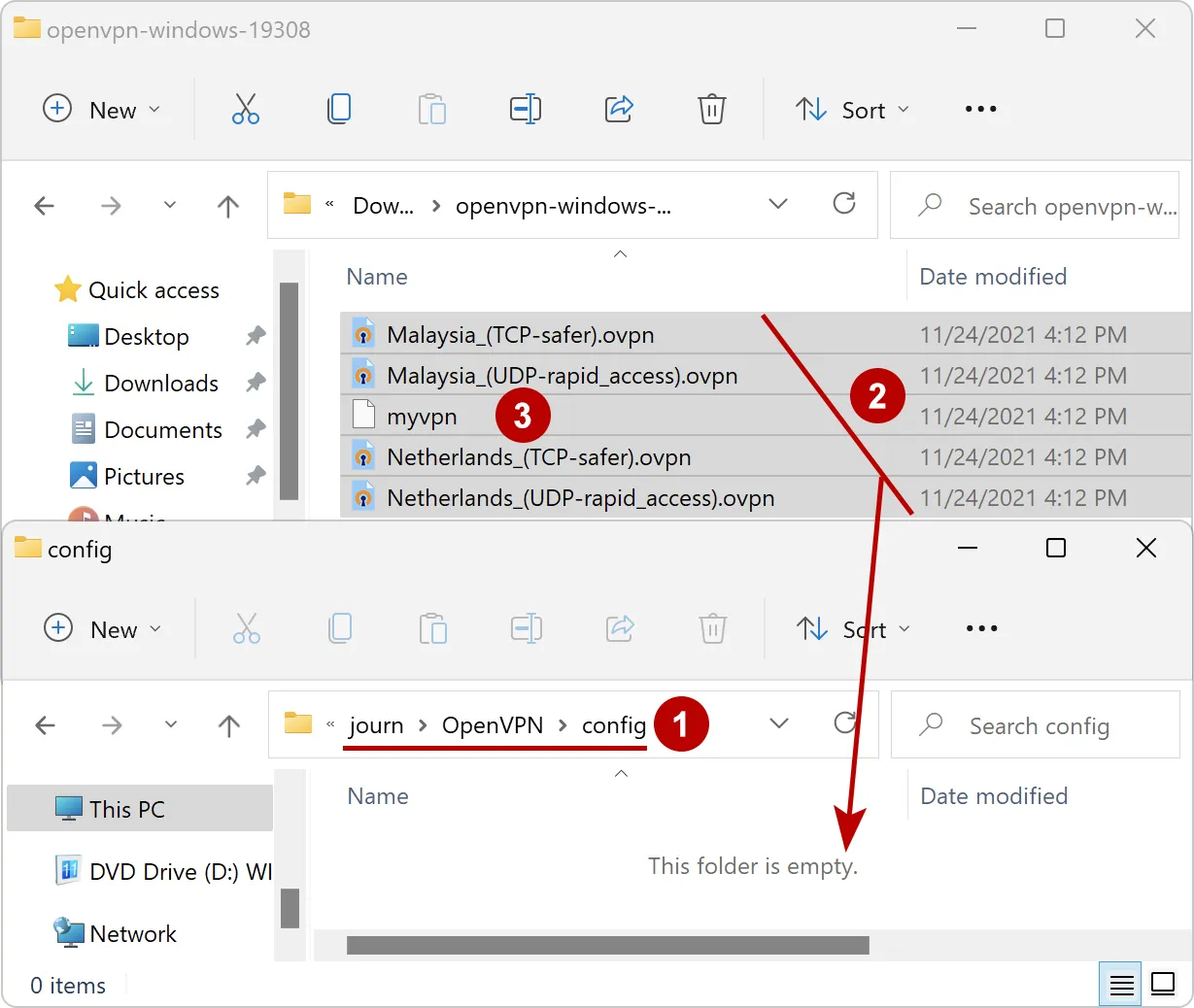 Copy OpenVPN files in work folder on Windows 11