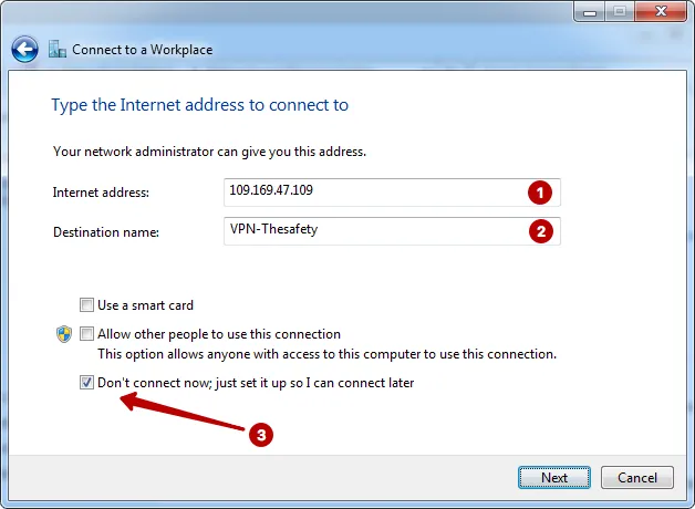 IP address PPTP VPN server on Windows 7