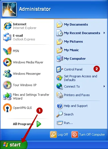 Control panel on Windows XP
