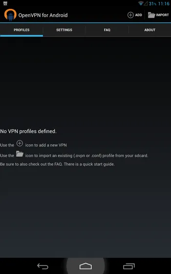 OpenVPN for Android main menu