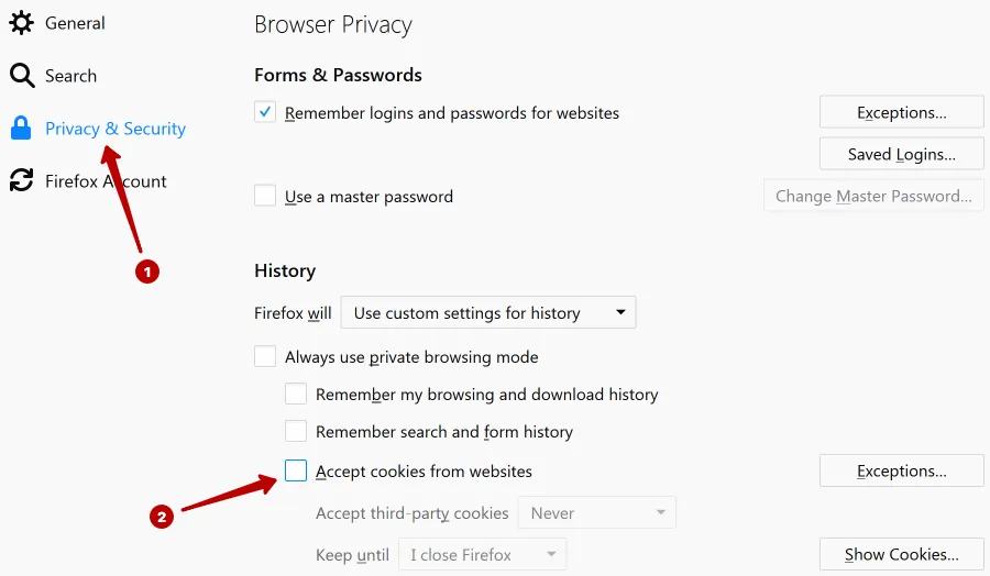 Disabling cookies in Mozilla Firefox