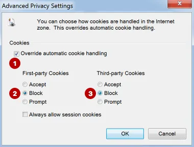 Disabling cookies in Internet Explorer