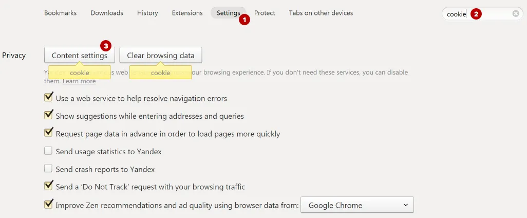 Content settings in Yandex Browser