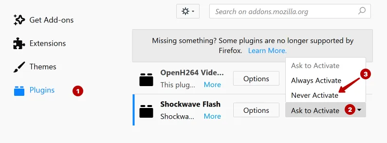 Disabling Adobe Flash in Mozilla Firefox