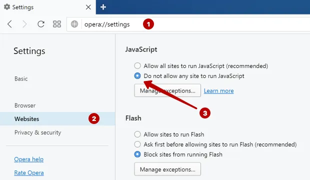 Disable JavaScript in Opera