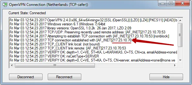 Подключение к IP адресу VPN сервера