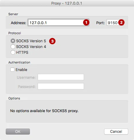 Enter IP address and port of Tor network in Proxifier