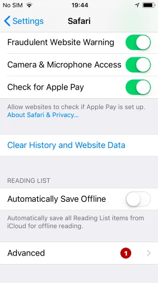 Advanced settings in Safari on iOS