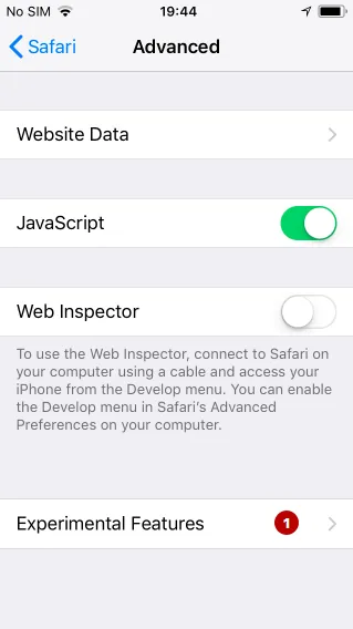 Experimental Features Safari on iOS