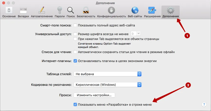 Показать раздел Разработка в Safari на macOS