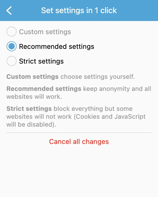 Settings in 1 click