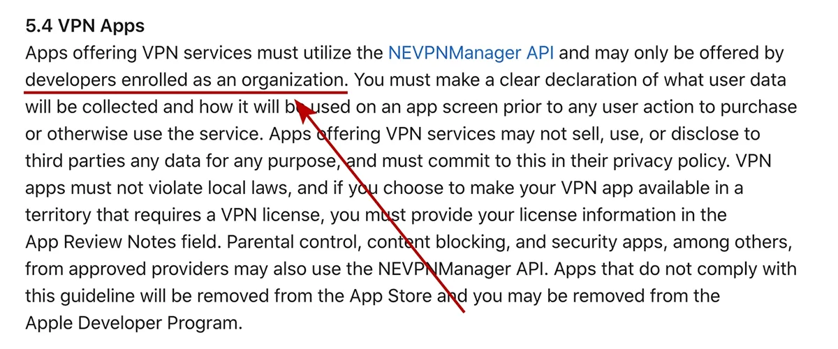 App Store разрешает публиковать VPN приложения только организациям