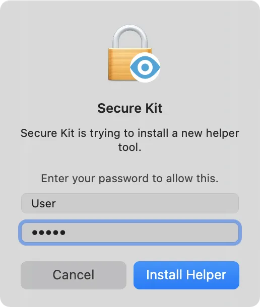 Enter the macOS password to install Secure Kit on macOS