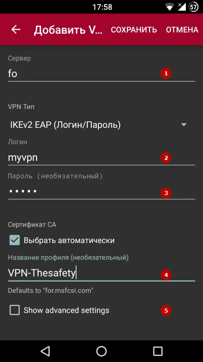 Заполните профиль VPN