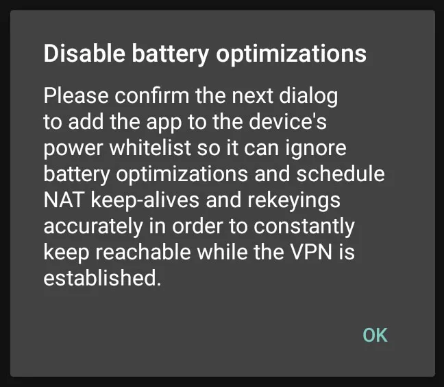 Disable battery optimization for strongSwan on Android 10