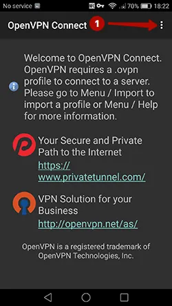 Меню программы OpenVPN Connect на Android 6 Marshmallow