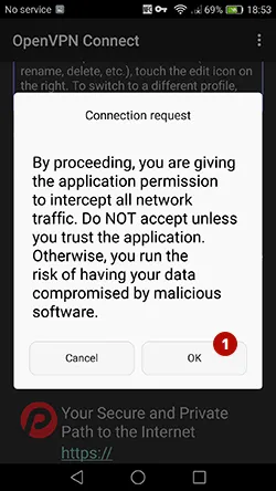 Предупреждение программы OpenVPN на Android 6
