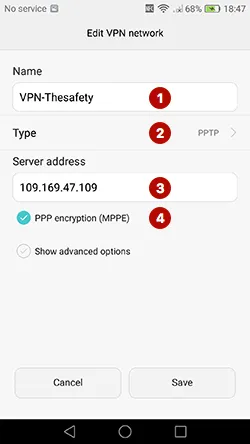 Enter IP address PPTP VPN server on Android 6