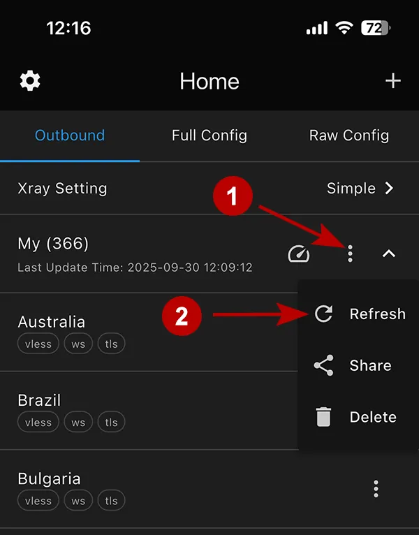 Updating xVPN connection subscription in OneXray on iOS