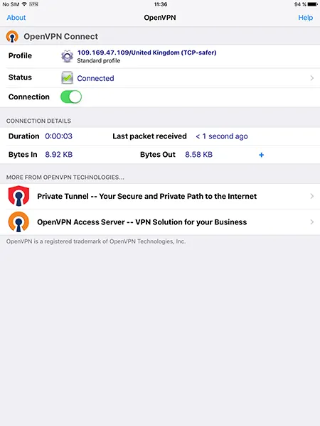 Successfully connected to OpenVPN on iOS
