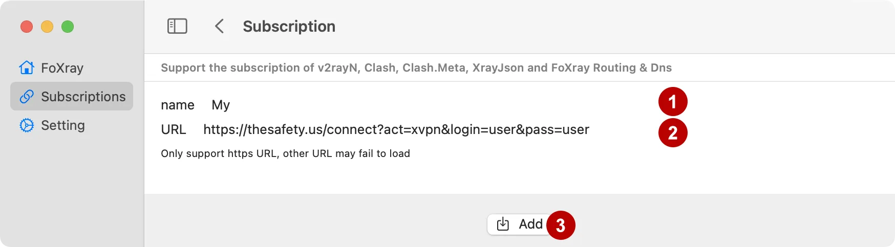 Добавление ссылки на xVPN подписку в Foxray на macOS
