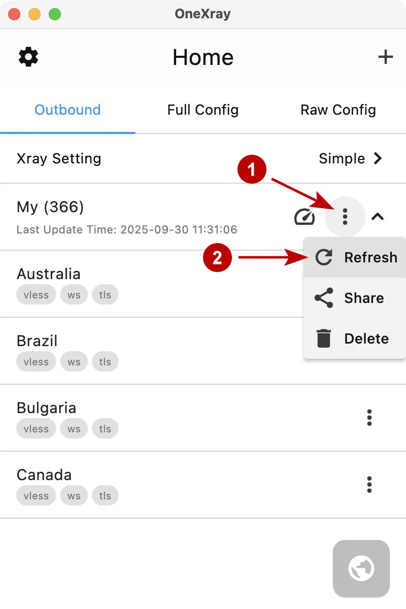 Updating xVPN connection subscription in OneXray on macOS