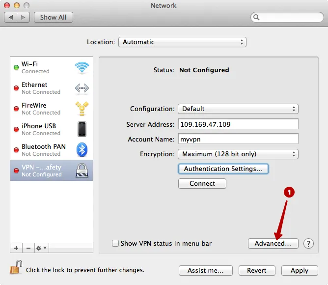 Advanced settings PPTP VPN on macOS