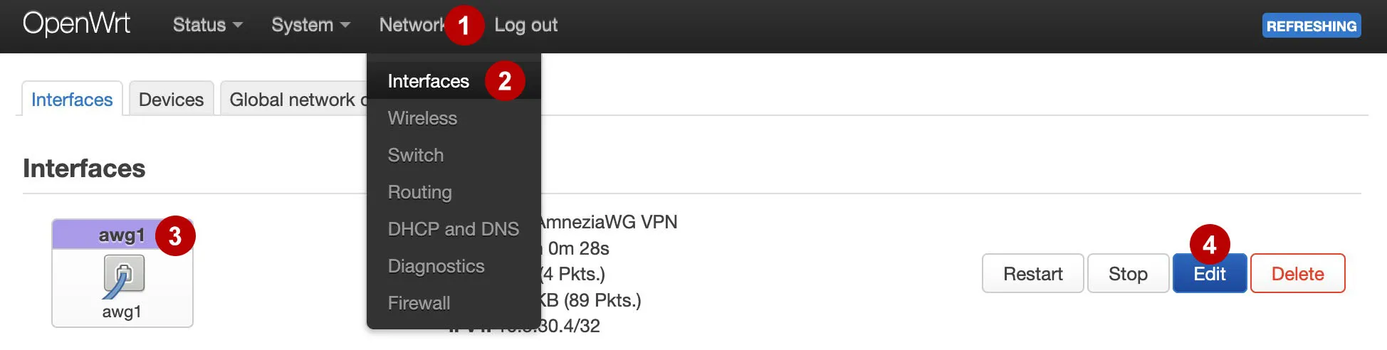 Редактировать AmneziaWG интерфейс на роутере OpenWRT