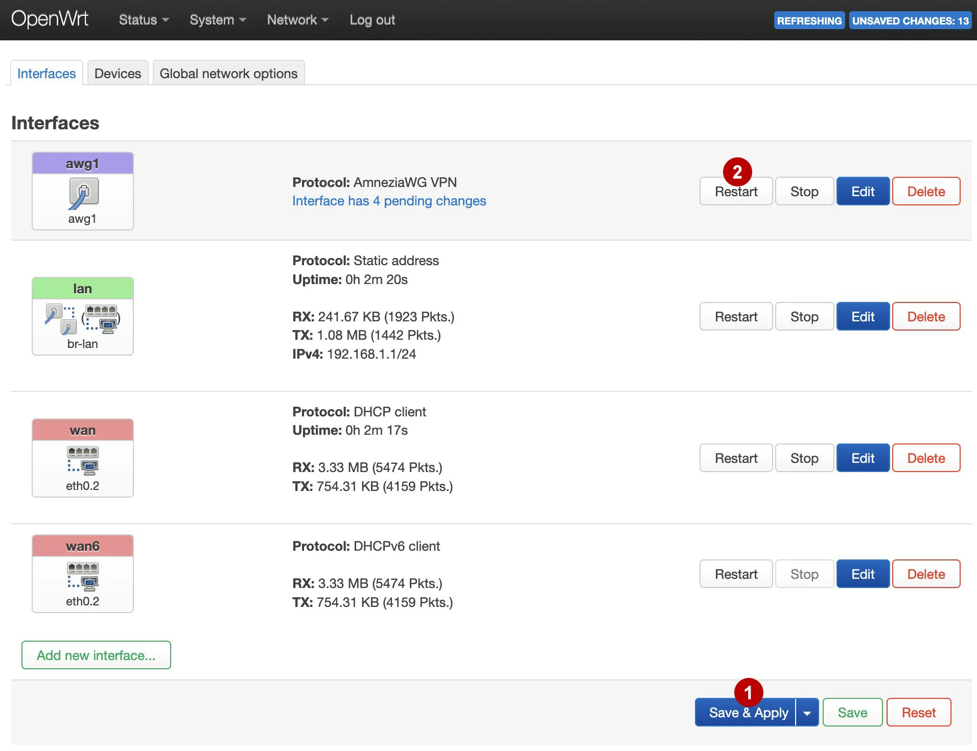 Перезапустите AmneziaWG интерфейс на роутере OpenWRT