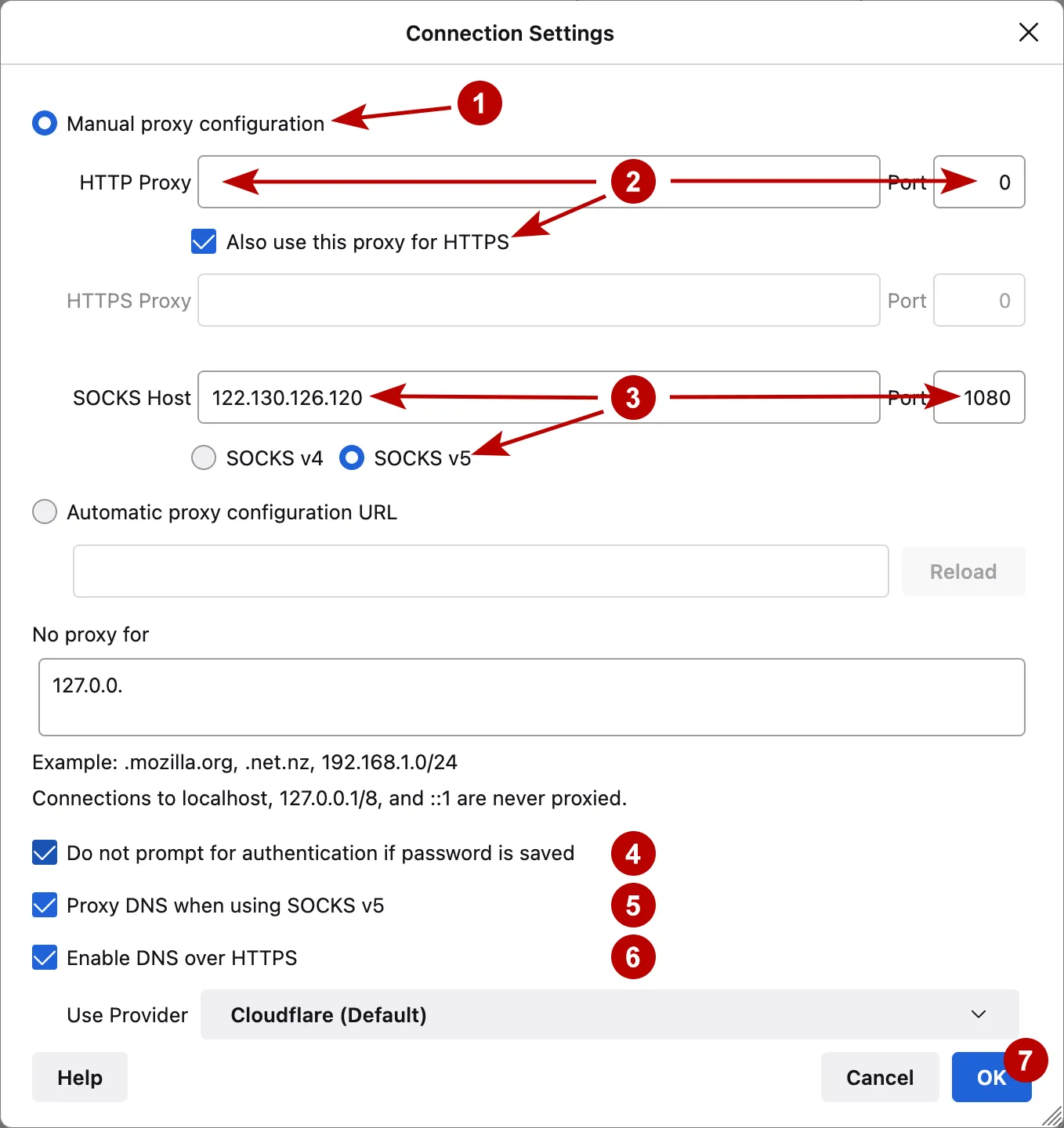 Connection settings in Firefox