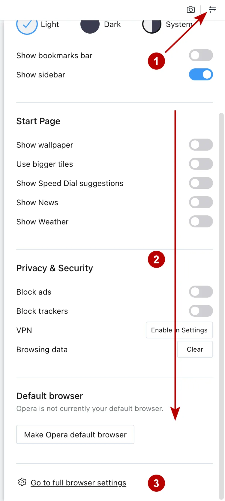 Opera browser settings on macOS