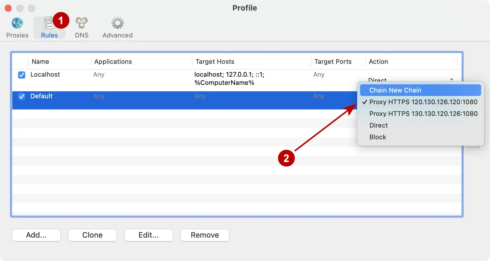 Choosing a proxy chain in Proxifier on macOS