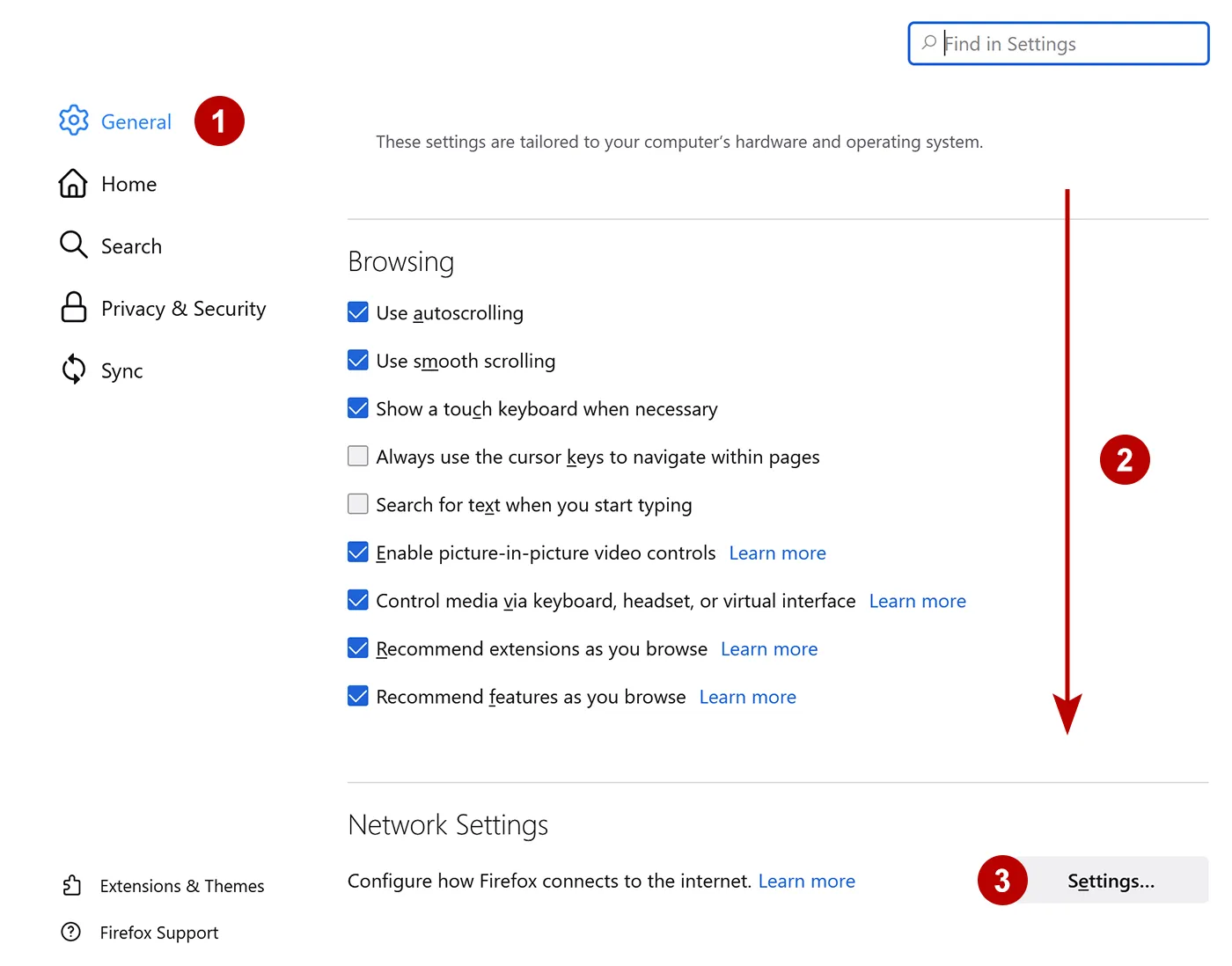 Network settings in Firefox on Windows