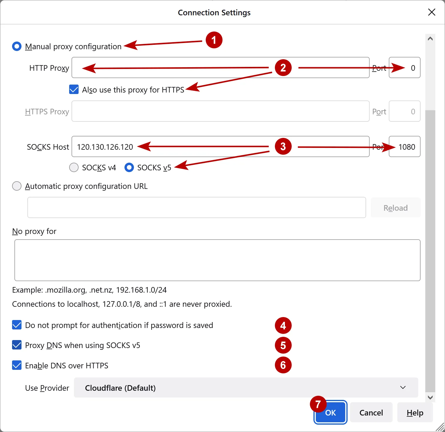 Connection settings in Firefox