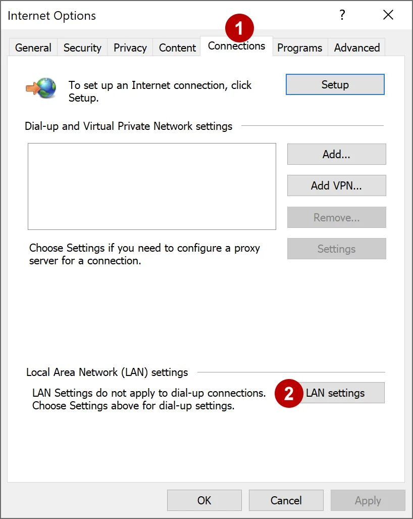 Network settings in Internet Explorer on Windows
