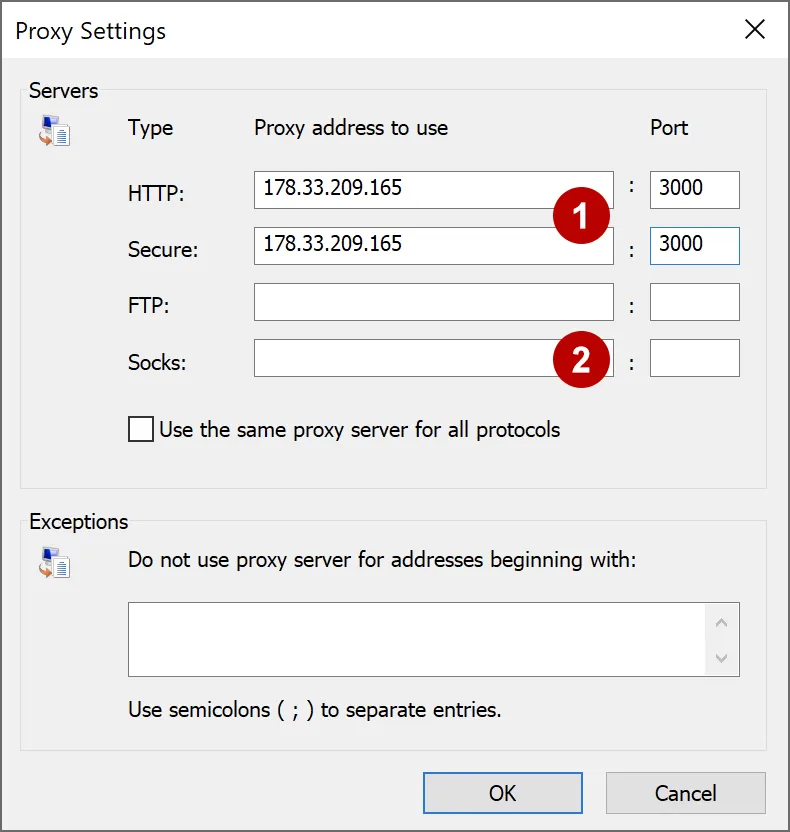 Proxy settings in Internet Explorer on Windows