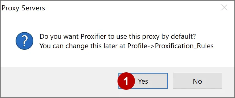 Подтвердите добавление прокси по умолчанию в Proxifier на Windows