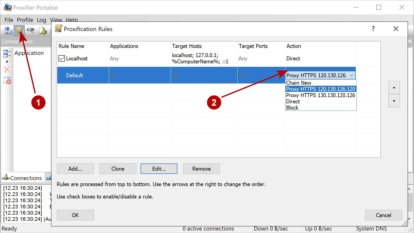 Choosing a proxy chain in Proxifier on Windows