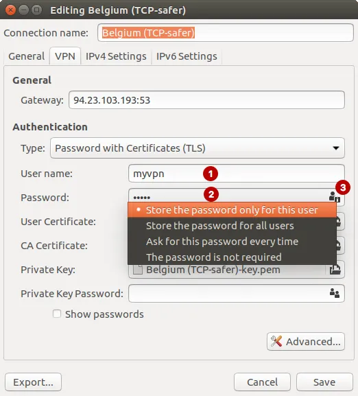 Enter your username and password VPN on Ubuntu
