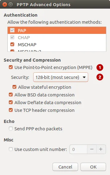 PPTP VPN settings on Ubuntu