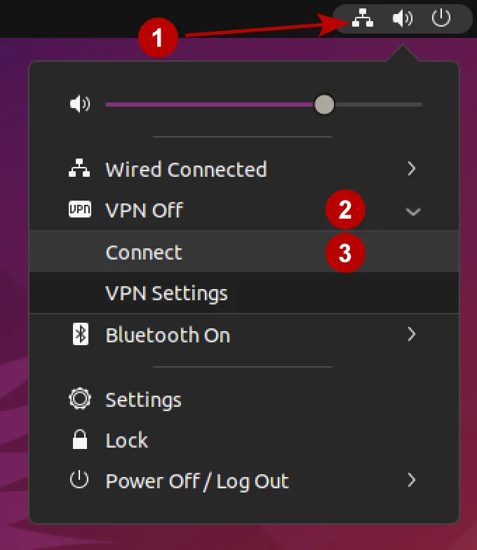 Connection to IKEv2 VPN through the top menu on Ubuntu 21
