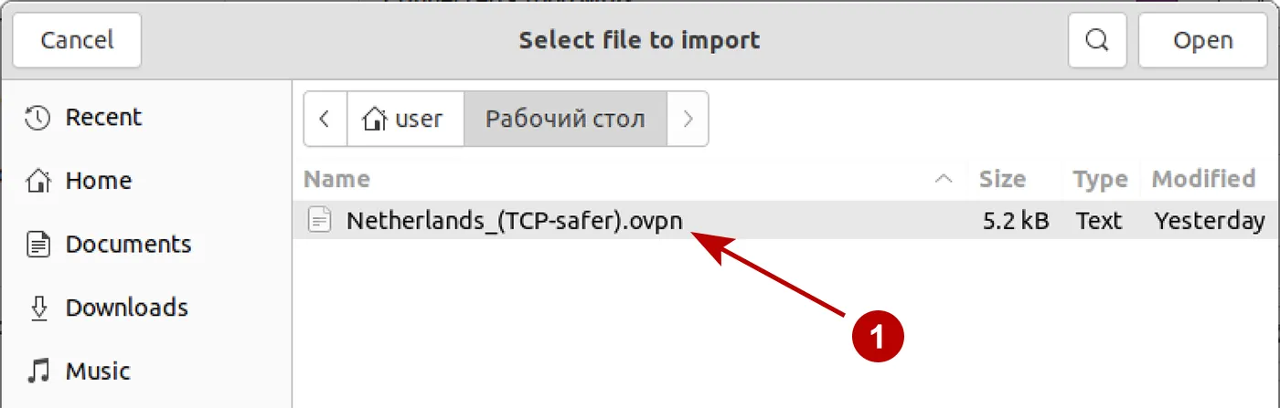 Select OpenVPN file on Ubuntu 21