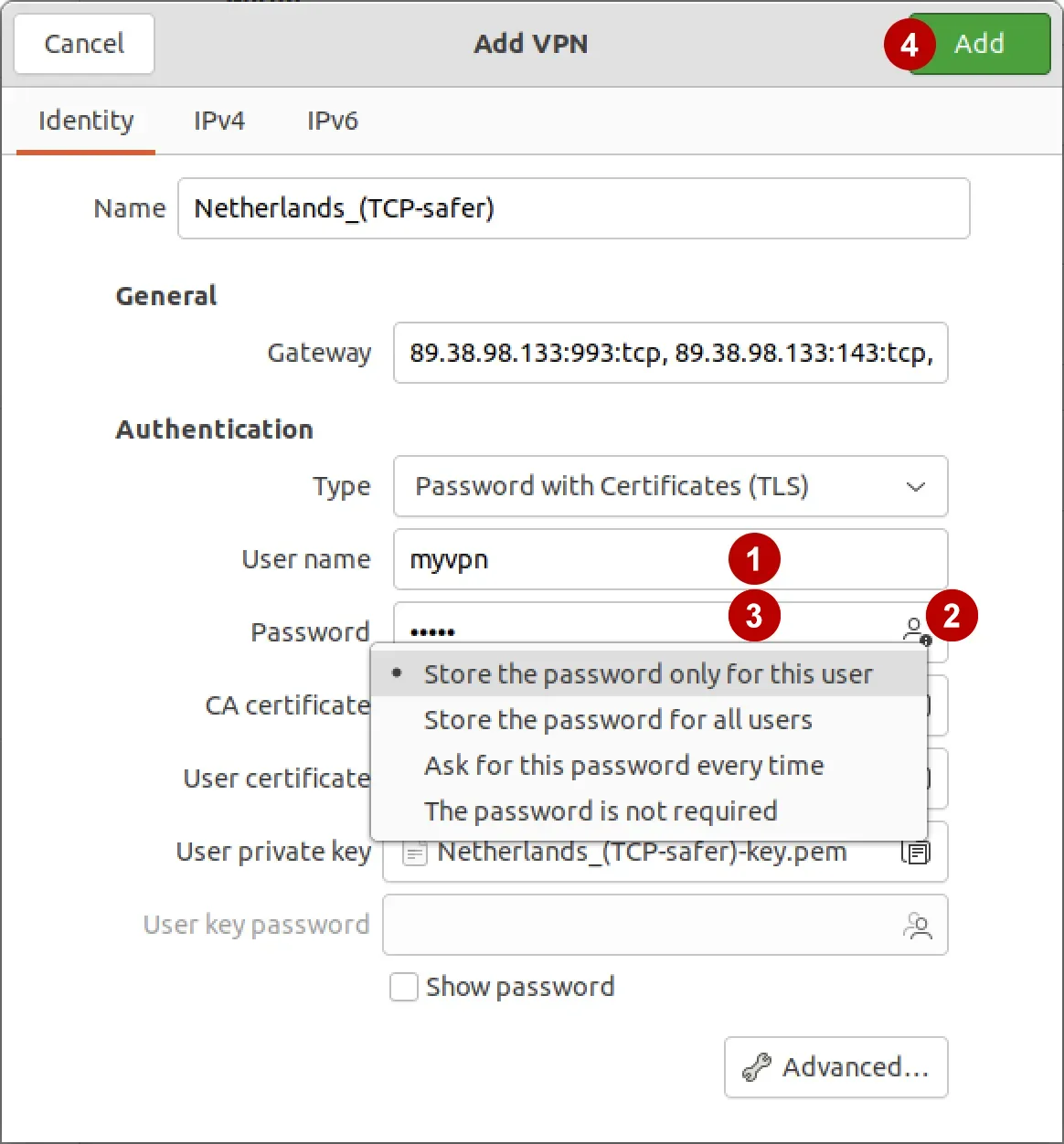 Type Username and password VPN on Ubuntu 21