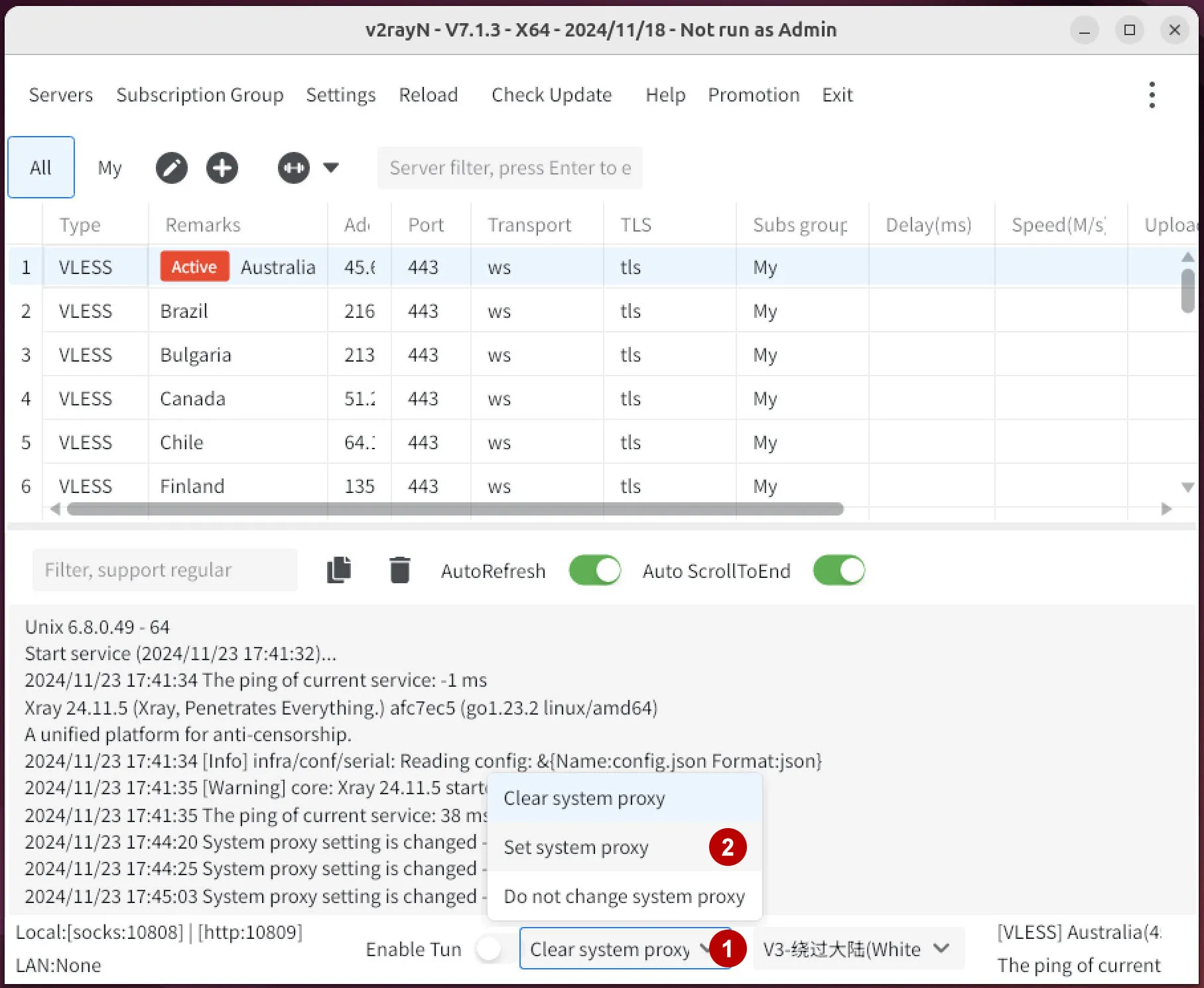 Set system proxy in v2rayN on Ubuntu 24