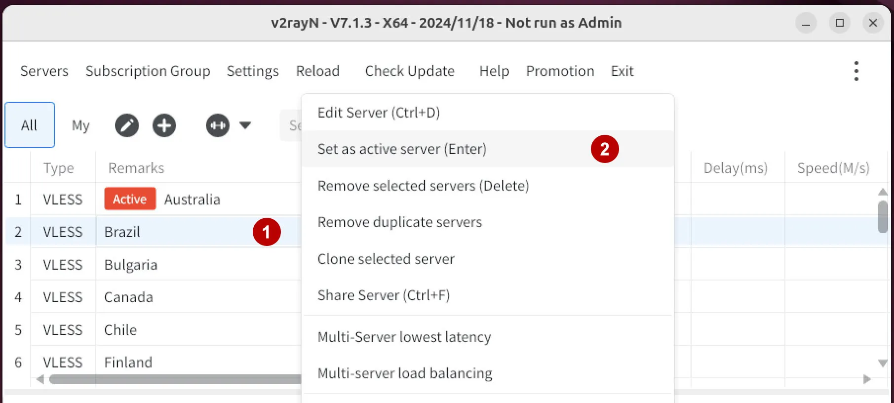 Select active server in v2rayN on Ubuntu 24