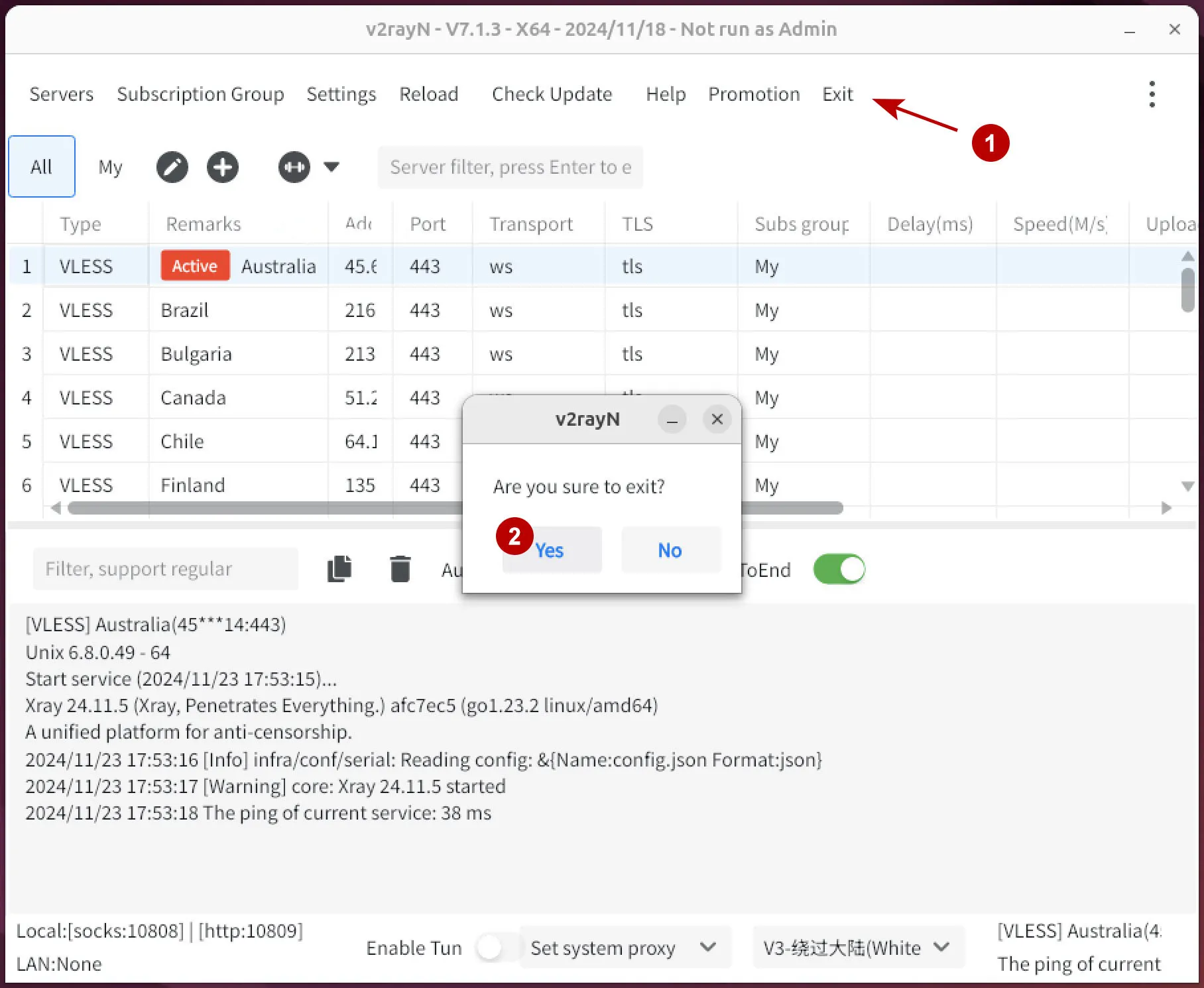 Disconnect xVPN in v2rayN on Ubuntu 24