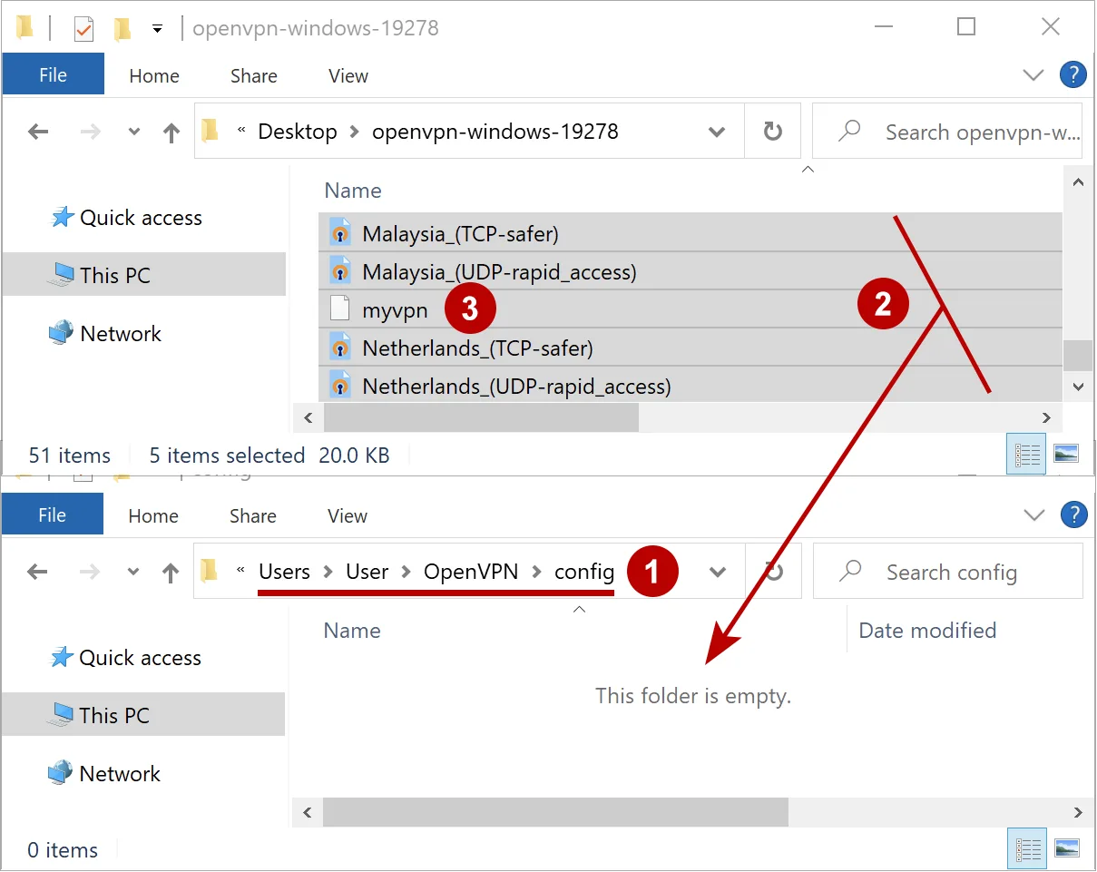 Copy OpenVPN files in work folder on Windows 10