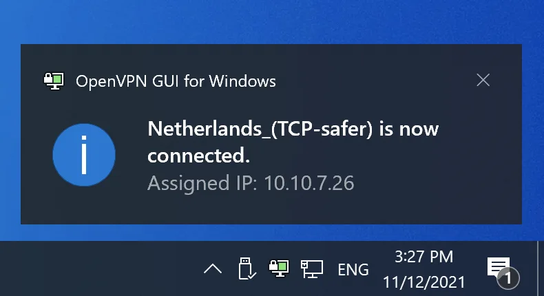 Successful connection to OpenVPN on Windows 10